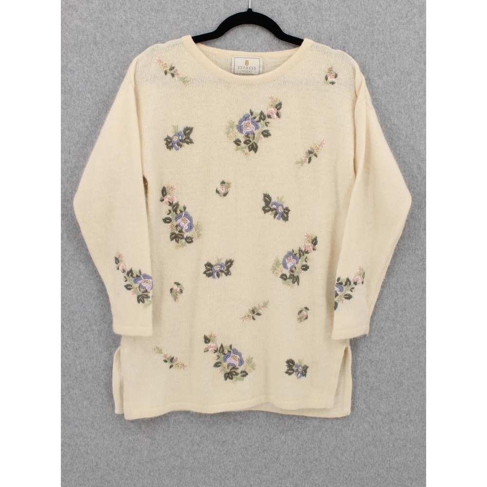 Express‎ Tricot Floral Embroidered Sweater XS Lambswool Angora Vintage Cottage